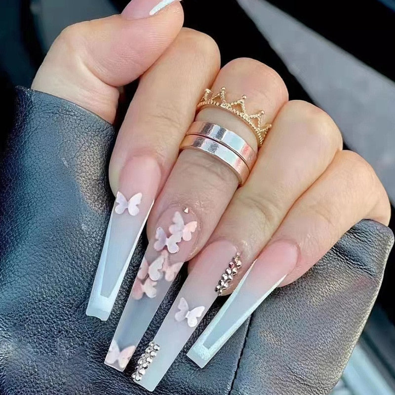 Glamour on the Go: 24Pcs Rhinestone-Adorned Long Coffin False Nails Set
