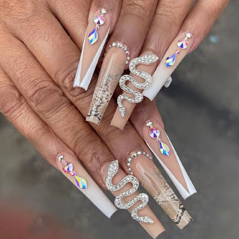 Glamour on the Go: 24Pcs Rhinestone-Adorned Long Coffin False Nails Set