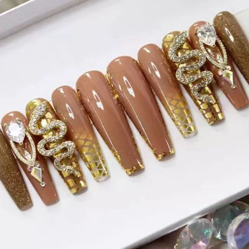 Glamour on the Go: 24Pcs Rhinestone-Adorned Long Coffin False Nails Set